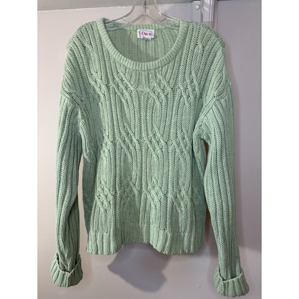 VINTAGE‎ ORVIS Mint Green Cable knit Sweater L Fisherman